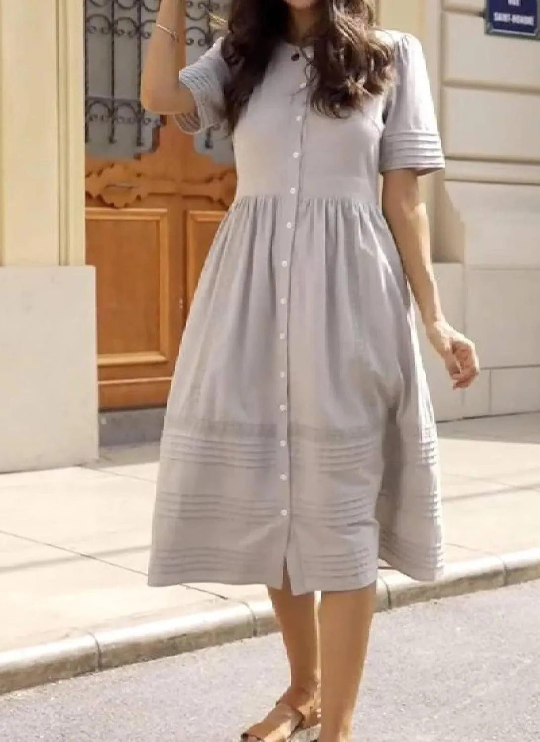 Women's 2025 Summer Casual Grey Plain Round Neck Short Sleeve Side Pocket Midi Dress Loose Beach Vacation Dresses