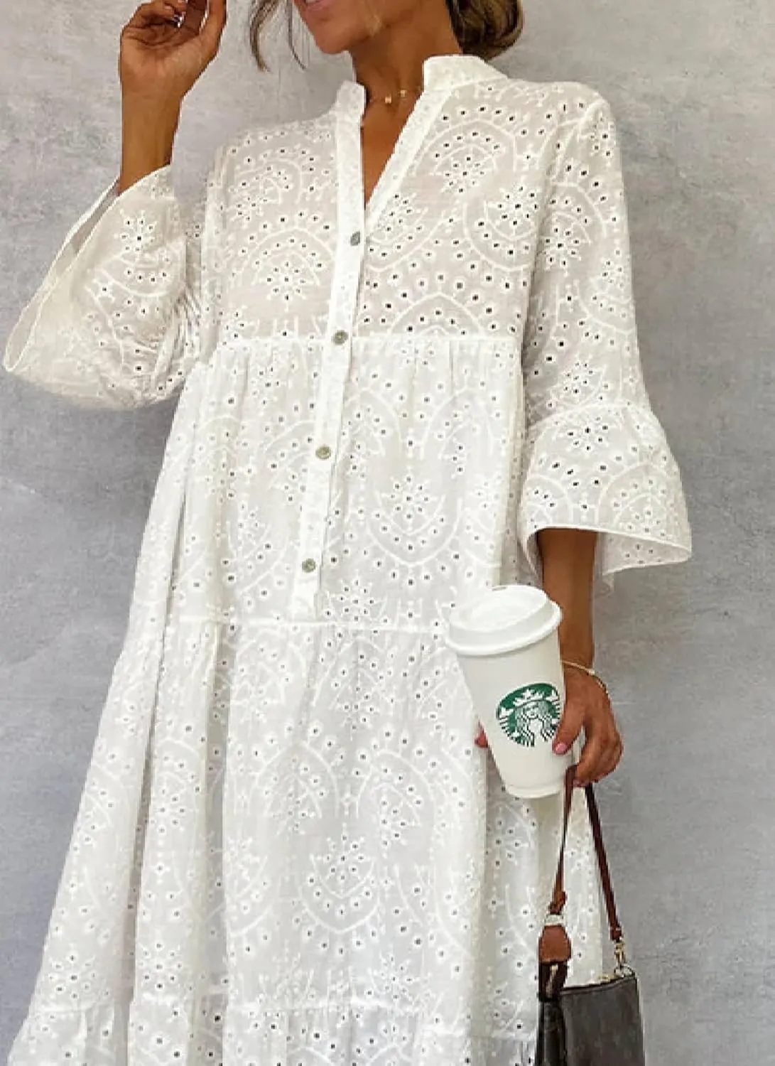 Women's 2025 Summer Modern White Plain 3/4 Sleeve V-Neck Midi Dress Loose Going Out Beach Vacation Flowy Outfits