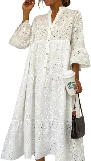 Women's 2025 Summer Modern White Plain 3/4 Sleeve V-Neck Midi Dress Loose Going Out Beach Vacation Flowy Outfits