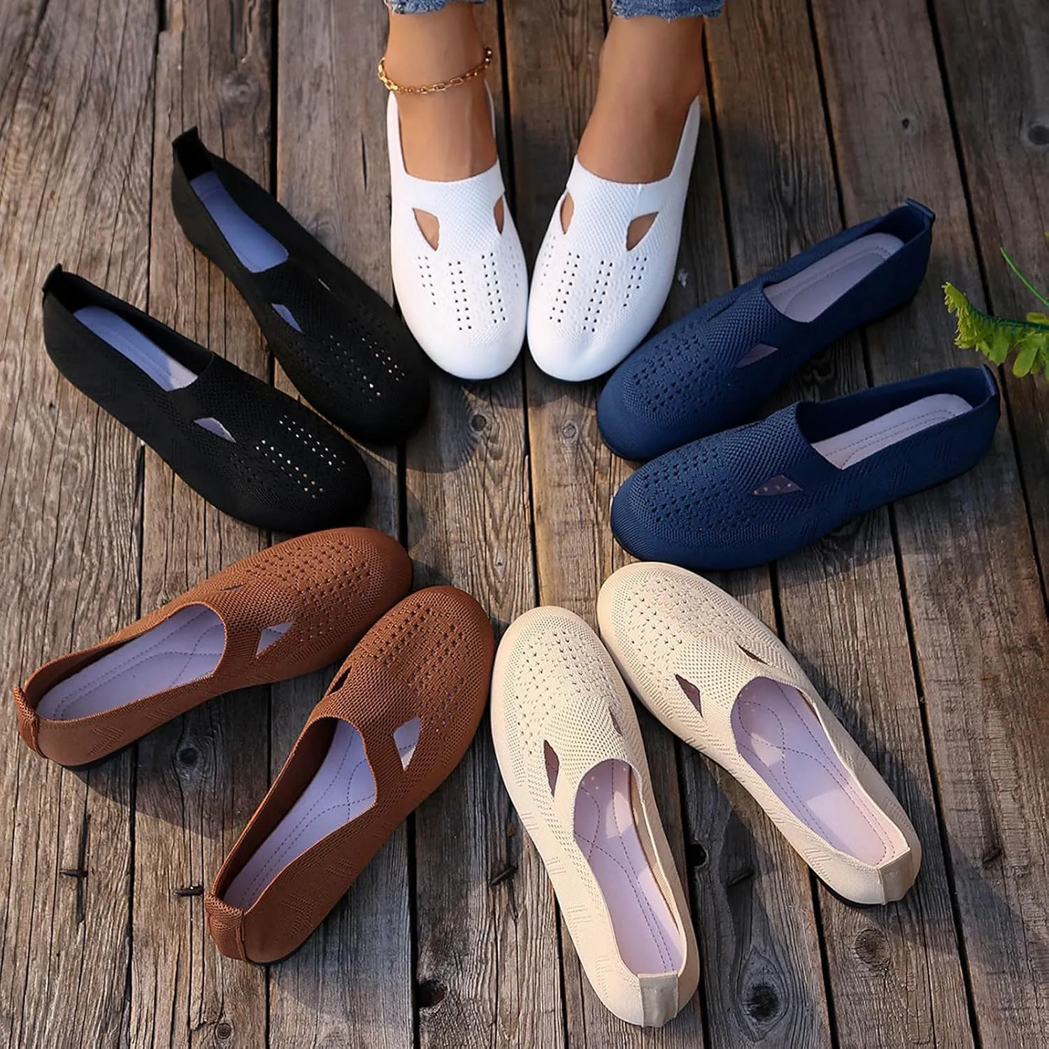 Women's Ballet Flats Soft Knitting Round Toe Slip On Flats Shoes Comfort Ballerina Flat Shoes for Walking Street