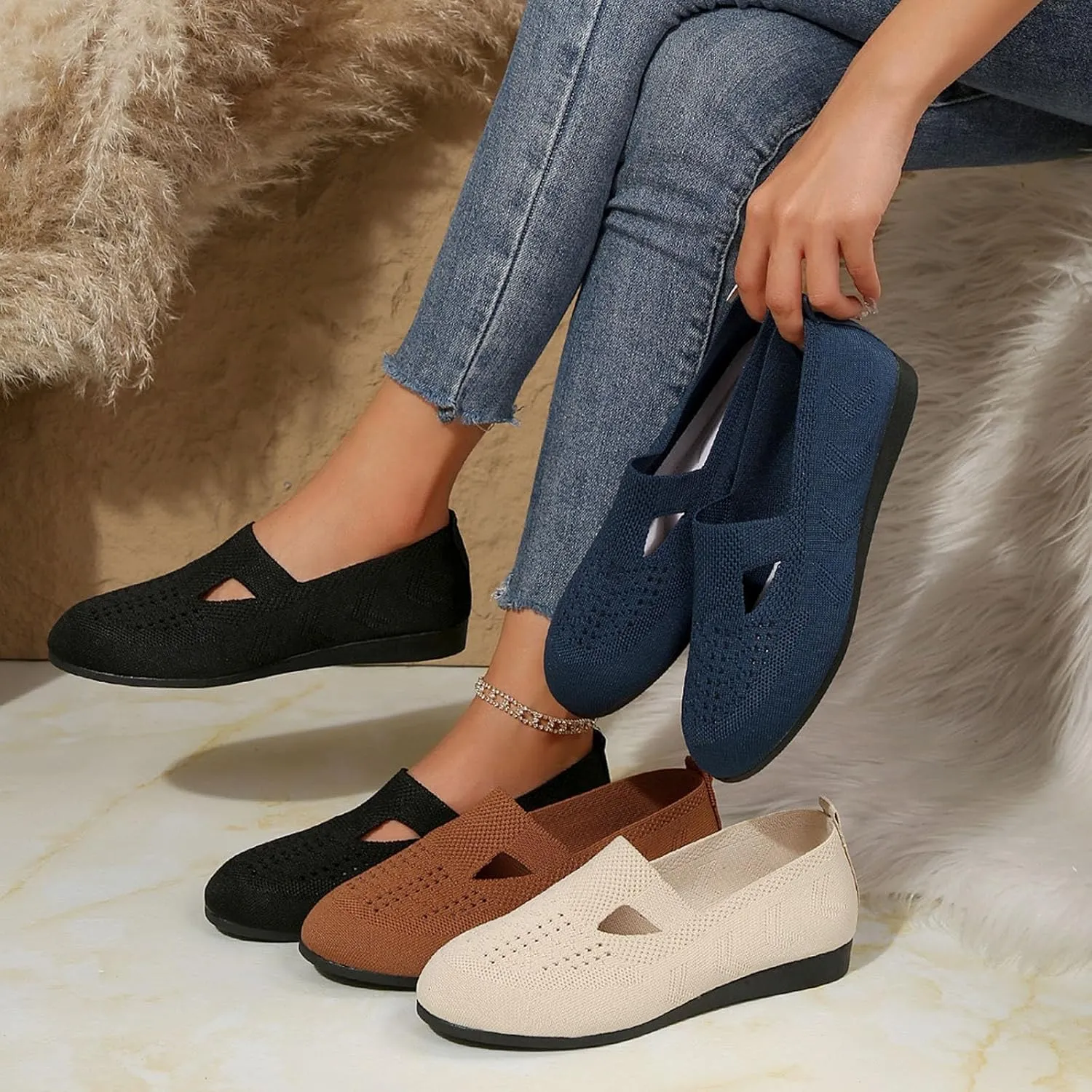 Women's Ballet Flats Soft Knitting Round Toe Slip On Flats Shoes Comfort Ballerina Flat Shoes for Walking Street