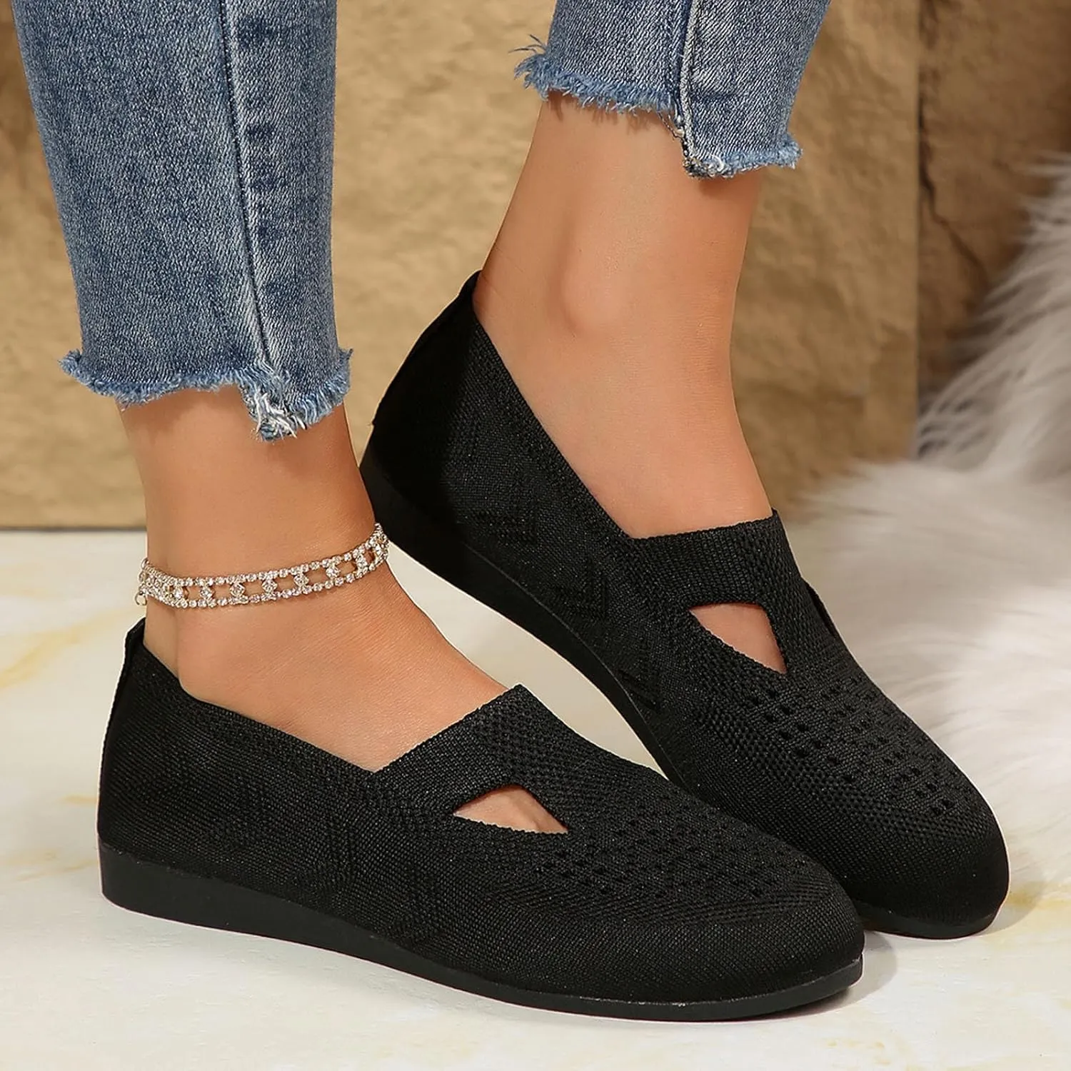 Women's Ballet Flats Soft Knitting Round Toe Slip On Flats Shoes Comfort Ballerina Flat Shoes for Walking Street