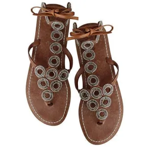 Women's Beaded Summer Leather Sandals, Handmade Women's Flat Beaded Gladiator Sandals Summer Beach Shoes