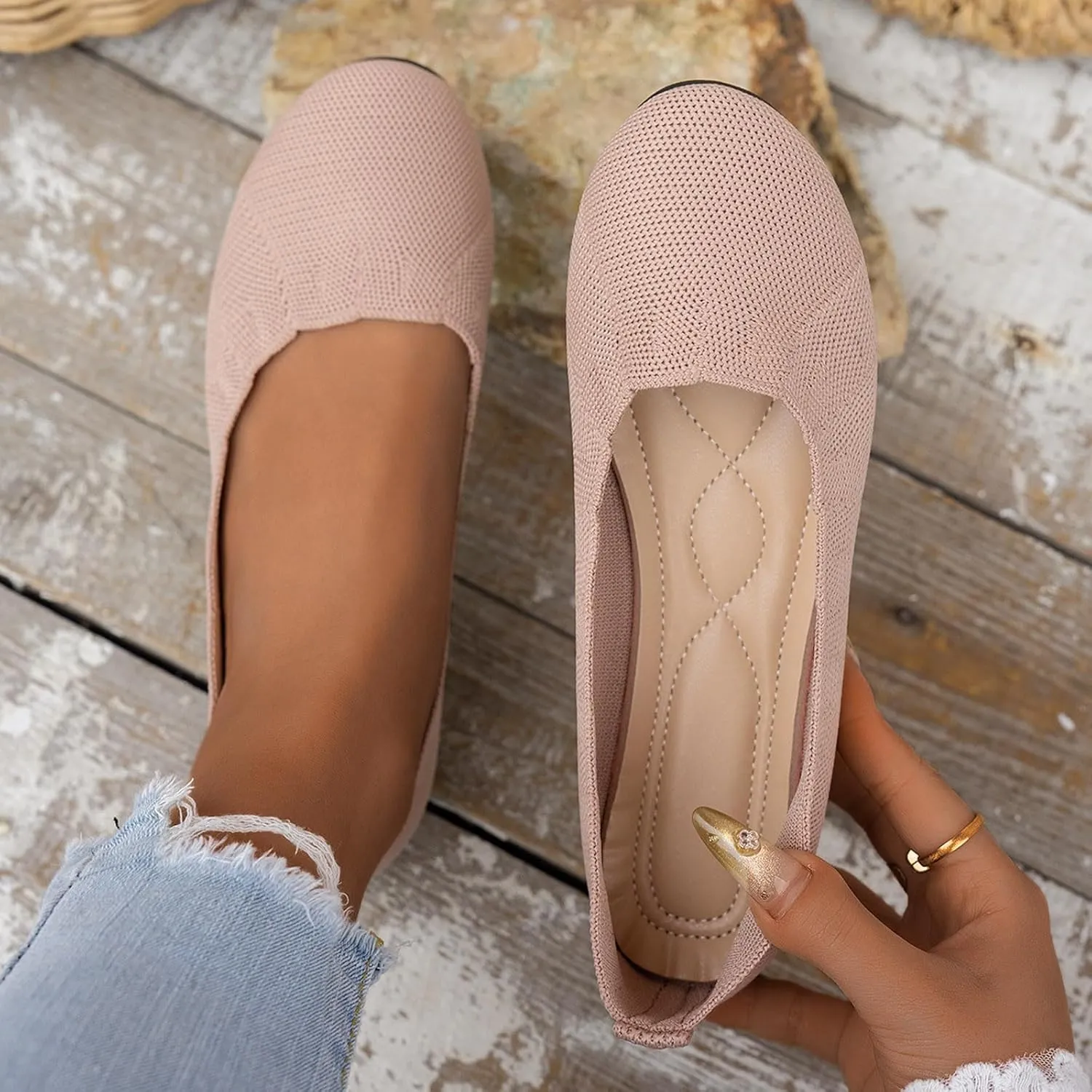 Women's Black Ballet Flats Stretch Knit Slip-Ons with Subtle Wedge Dress Low Wedge Shoes