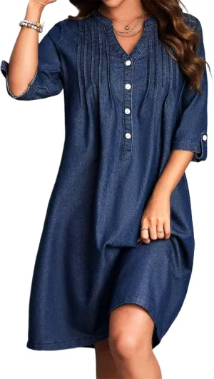 Women's Blue Shift Mini Dress 2025 Spring Summer Casual Button V-Neck Half Sleeve Plain Dresses Beach Vacation Dress