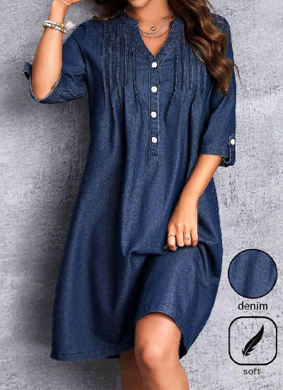 Women's Blue Shift Mini Dress 2025 Spring Summer Casual Button V-Neck Half Sleeve Plain Dresses Beach Vacation Dress