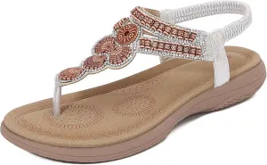 Women's Bohemian Flat Sandals Summer Beach Comfortable Toe Post Elastic Ankle Strap Casual Slippers for Dress and