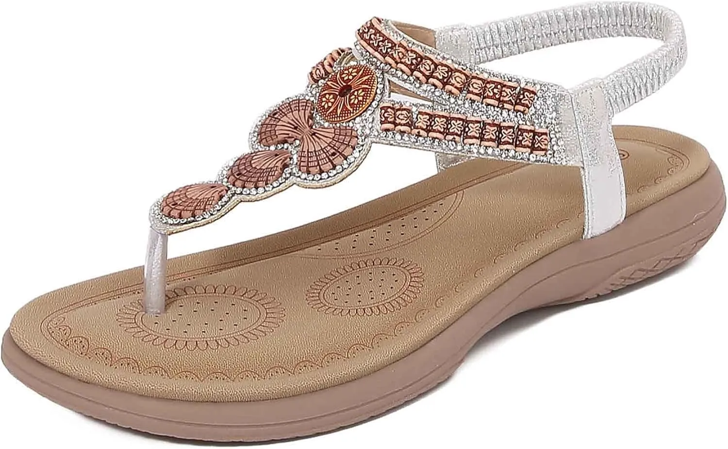 Women's Bohemian Flat Sandals Summer Beach Comfortable Toe Post Elastic Ankle Strap Casual Slippers for Dress and