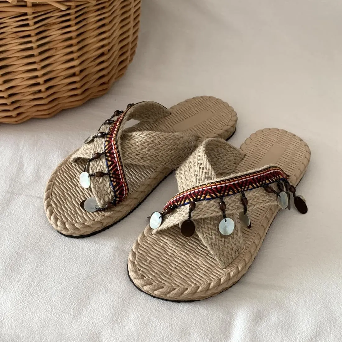 Women's Boho Style Embroidered Flat Sandals Slide Sandals Flat Sandals Handmade Knitting Beach Slippers