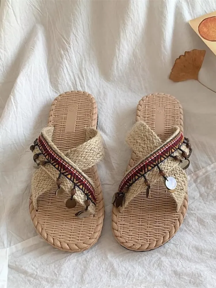 Women's Boho Style Embroidered Flat Sandals Slide Sandals Flat Sandals Handmade Knitting Beach Slippers