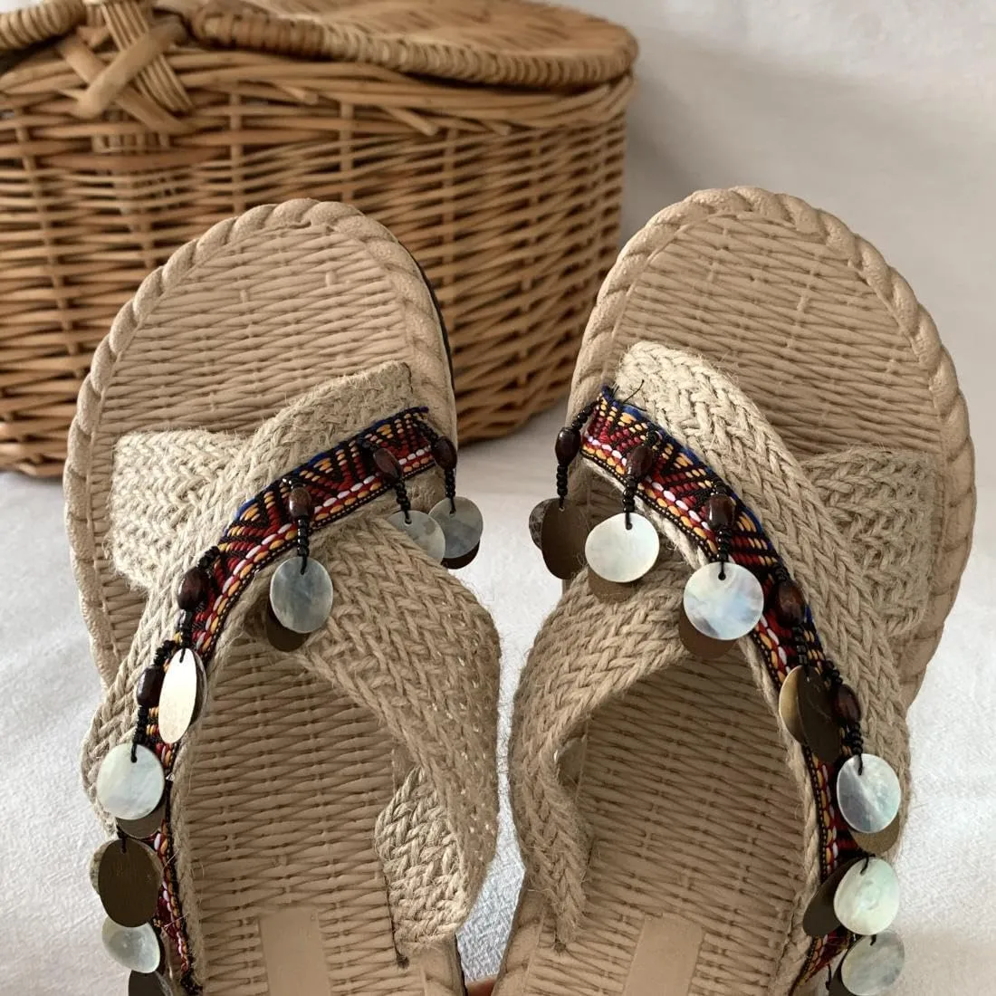 Women's Boho Style Embroidered Flat Sandals Slide Sandals Flat Sandals Handmade Knitting Beach Slippers