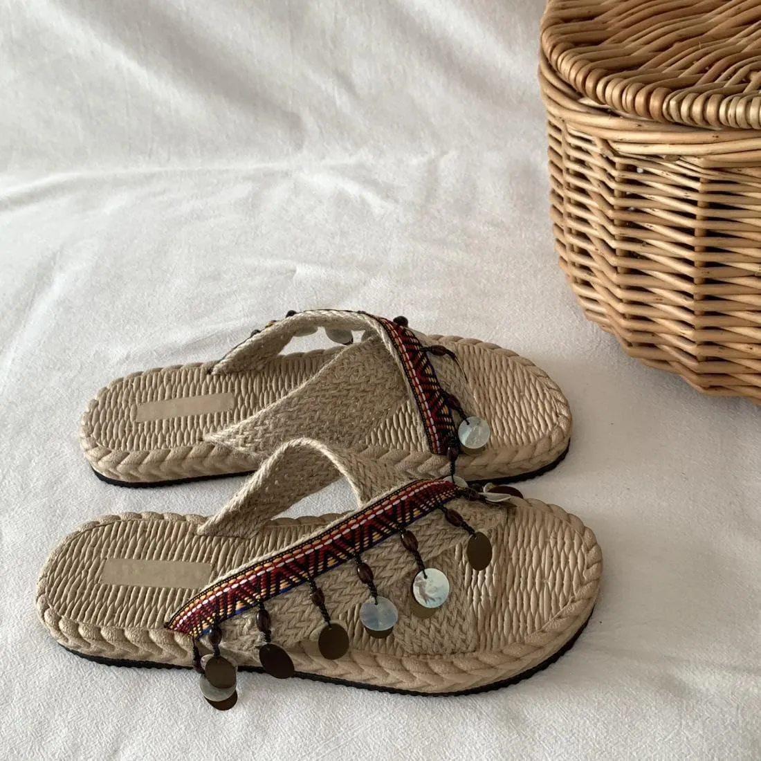 Women's Boho Style Embroidered Flat Sandals Slide Sandals Flat Sandals Handmade Knitting Beach Slippers