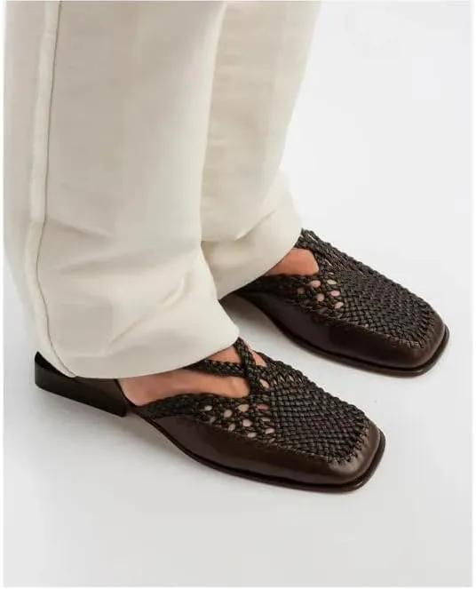 Women's Boho Woven Flat Sandals Breathable Cross Strap Loafers Comfortable Square Toe Beach Shoes for Walking Vacation Casual