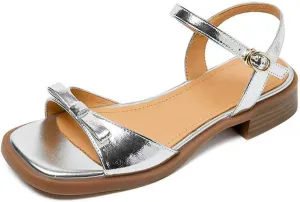 Womens Bow Knot Square Open Toe Chunky Low Heel Sandal Cute Ankle Strap Buckle Block Heel Sandals Fashion Comfort Summer Casual Dressy Walking Sandals