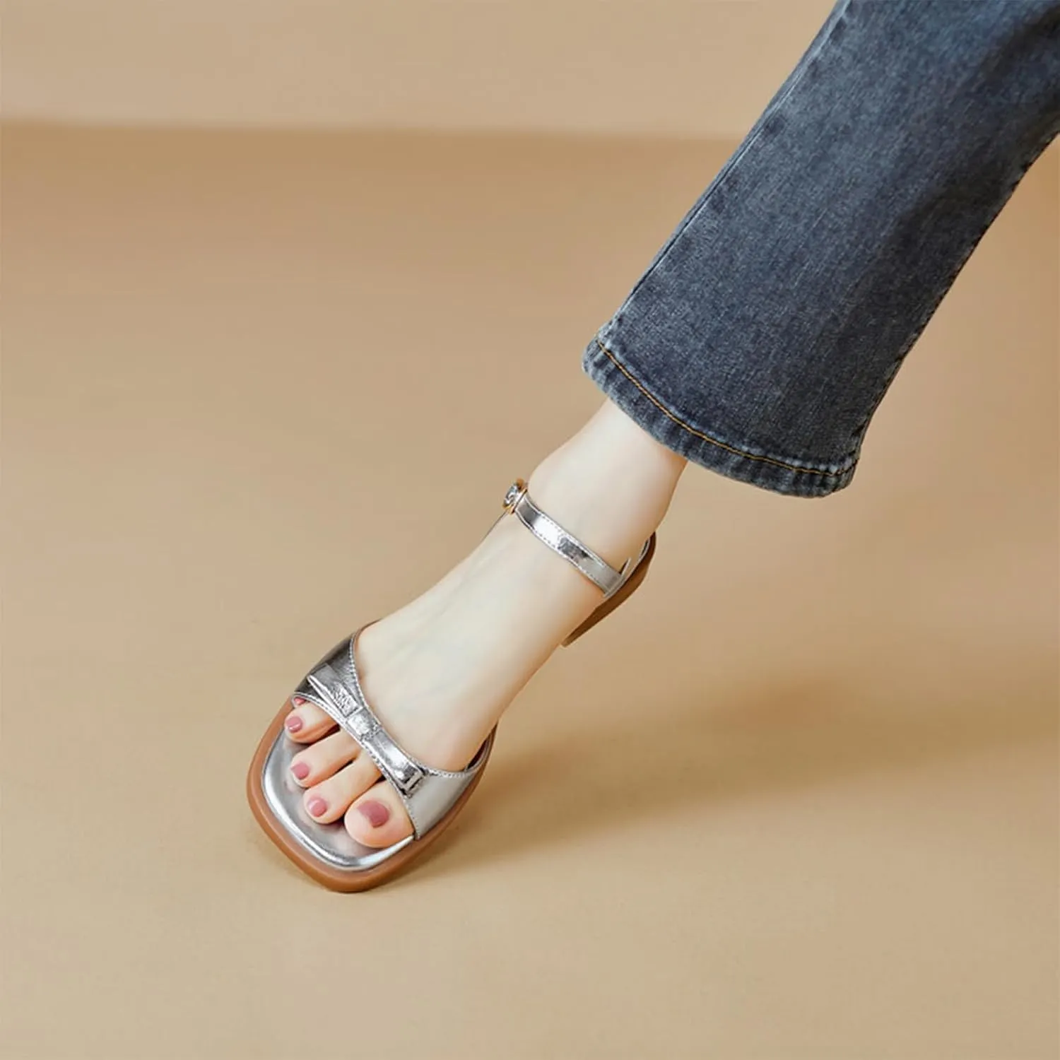 Womens Bow Knot Square Open Toe Chunky Low Heel Sandal Cute Ankle Strap Buckle Block Heel Sandals Fashion Comfort Summer Casual Dressy Walking Sandals