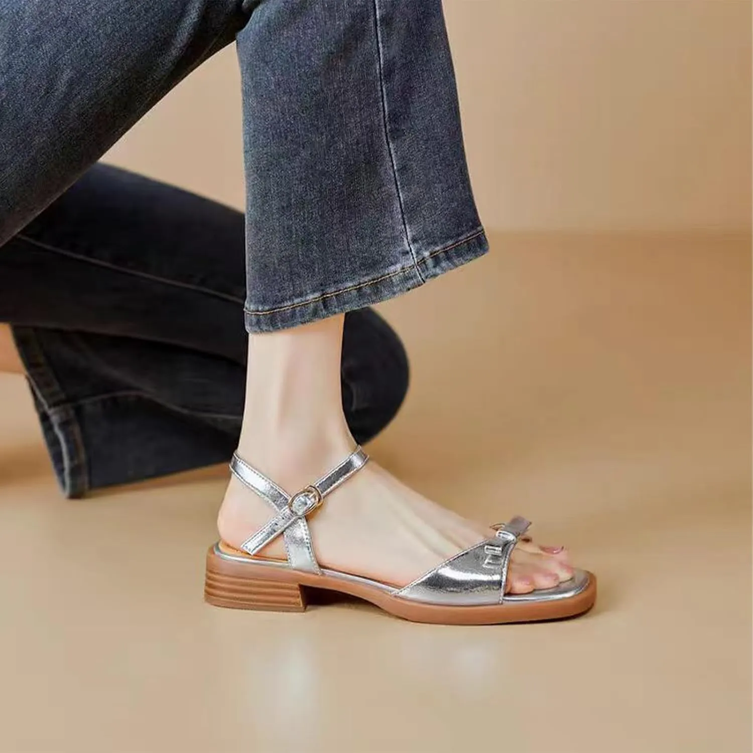 Womens Bow Knot Square Open Toe Chunky Low Heel Sandal Cute Ankle Strap Buckle Block Heel Sandals Fashion Comfort Summer Casual Dressy Walking Sandals