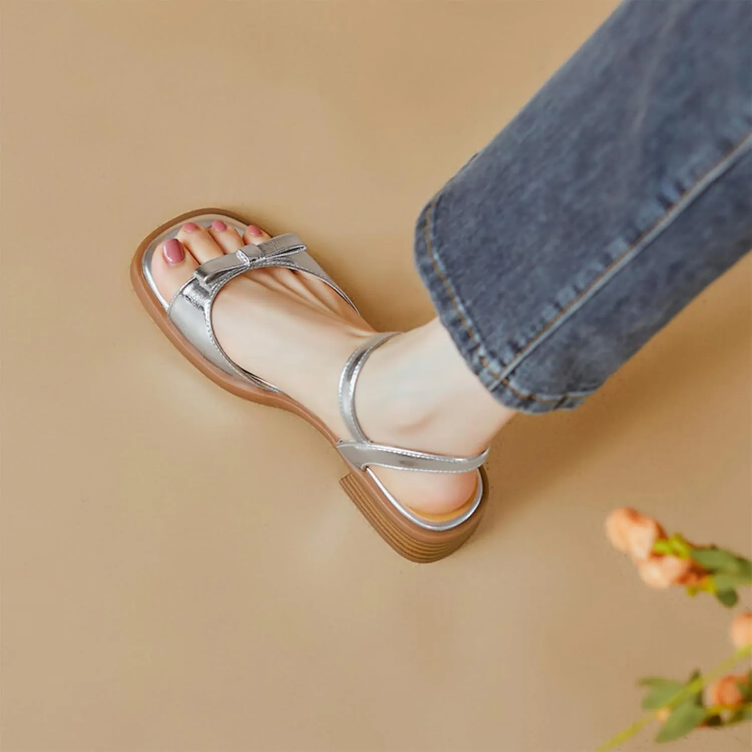 Womens Bow Knot Square Open Toe Chunky Low Heel Sandal Cute Ankle Strap Buckle Block Heel Sandals Fashion Comfort Summer Casual Dressy Walking Sandals