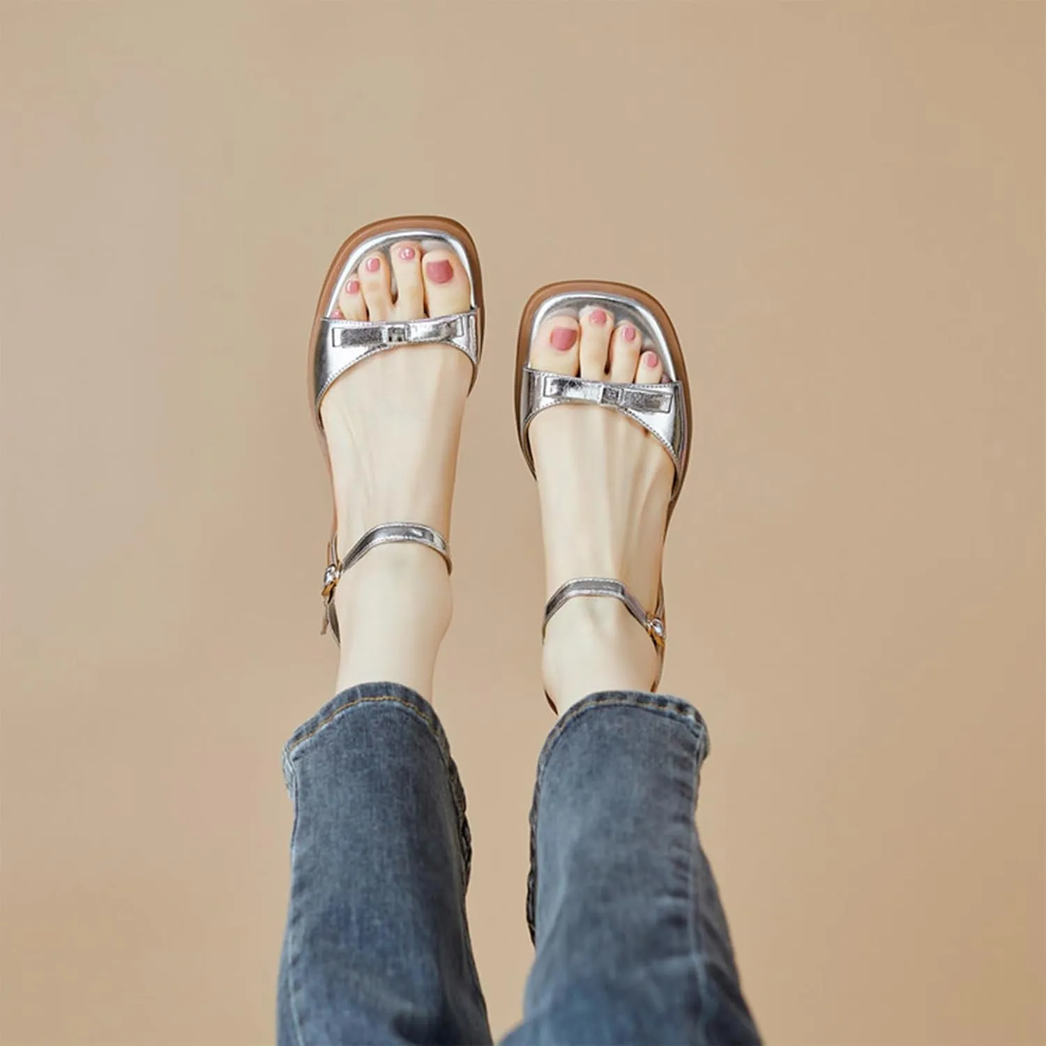 Womens Bow Knot Square Open Toe Chunky Low Heel Sandal Cute Ankle Strap Buckle Block Heel Sandals Fashion Comfort Summer Casual Dressy Walking Sandals