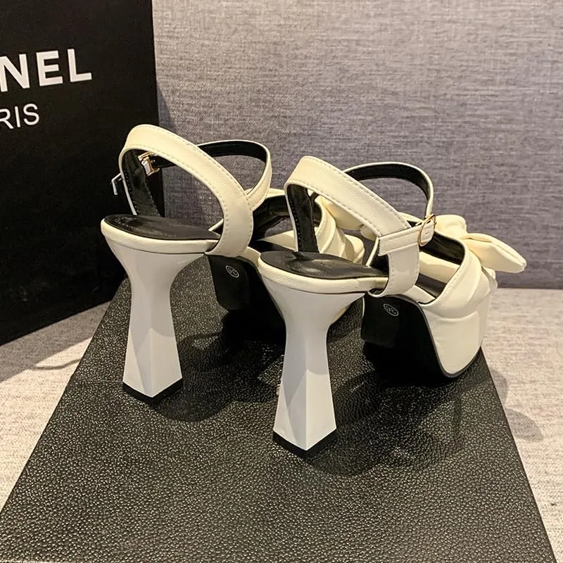 Women’s Bow Knot Stilettos Heeled Sandals,Platform Open Round Toe Strappy Heeled Sandals Wedding Party Prom Shoes