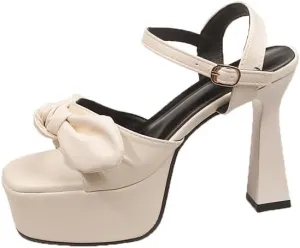 Women’s Bow Knot Stilettos Heeled Sandals,Platform Open Round Toe Strappy Heeled Sandals Wedding Party Prom Shoes