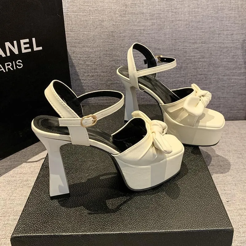 Women’s Bow Knot Stilettos Heeled Sandals,Platform Open Round Toe Strappy Heeled Sandals Wedding Party Prom Shoes
