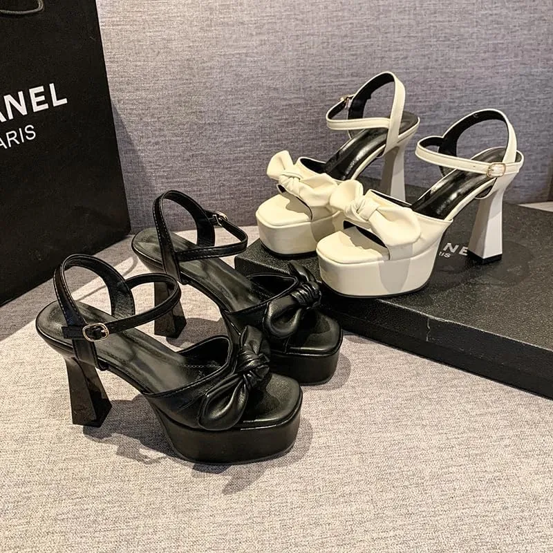 Women’s Bow Knot Stilettos Heeled Sandals,Platform Open Round Toe Strappy Heeled Sandals Wedding Party Prom Shoes