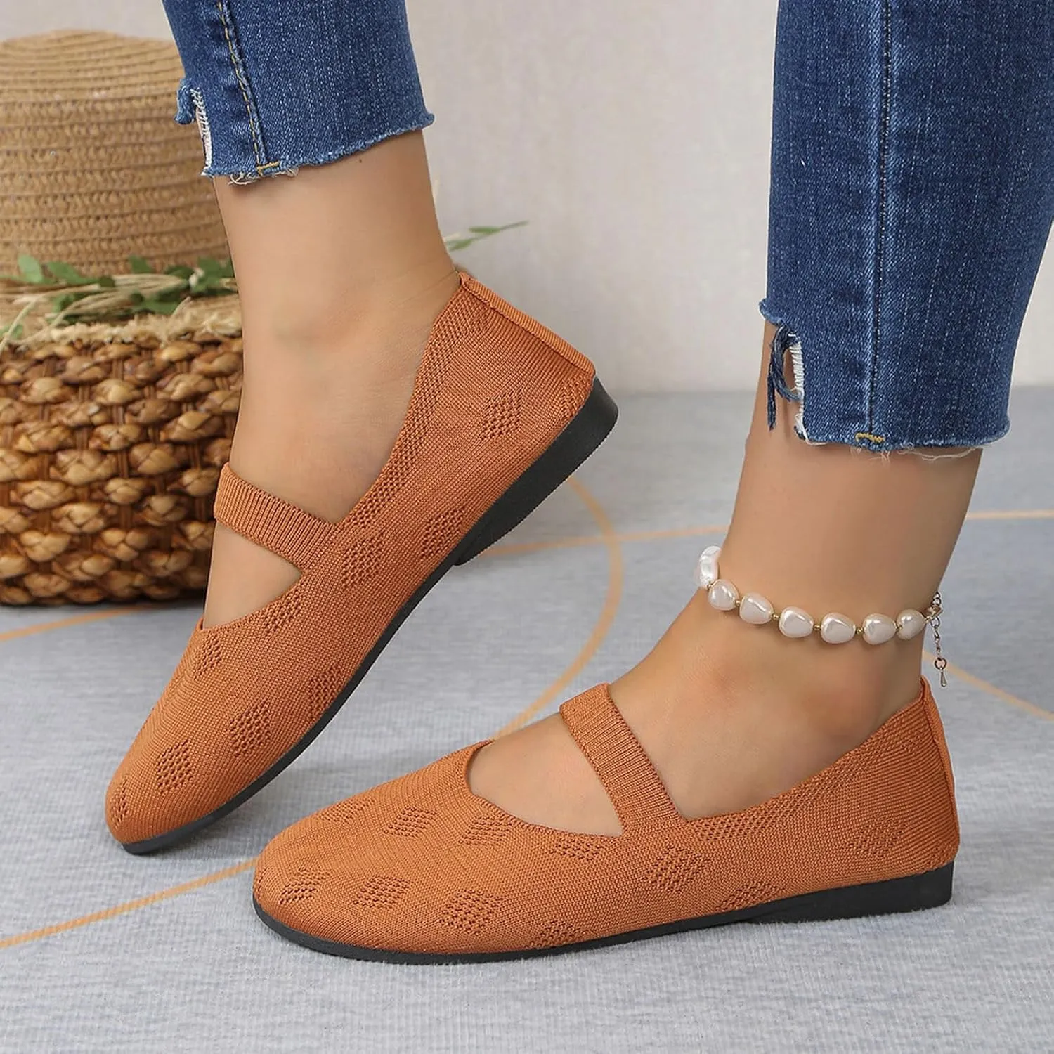 Womens Breathable Knitting Flat Shoes, Round Head Solid Color Walking Flats Shoes for Women, Comfort Casual Single Shoe
