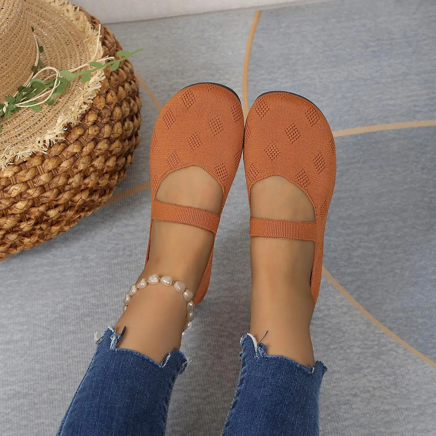 Womens Breathable Knitting Flat Shoes, Round Head Solid Color Walking Flats Shoes for Women, Comfort Casual Single Shoe