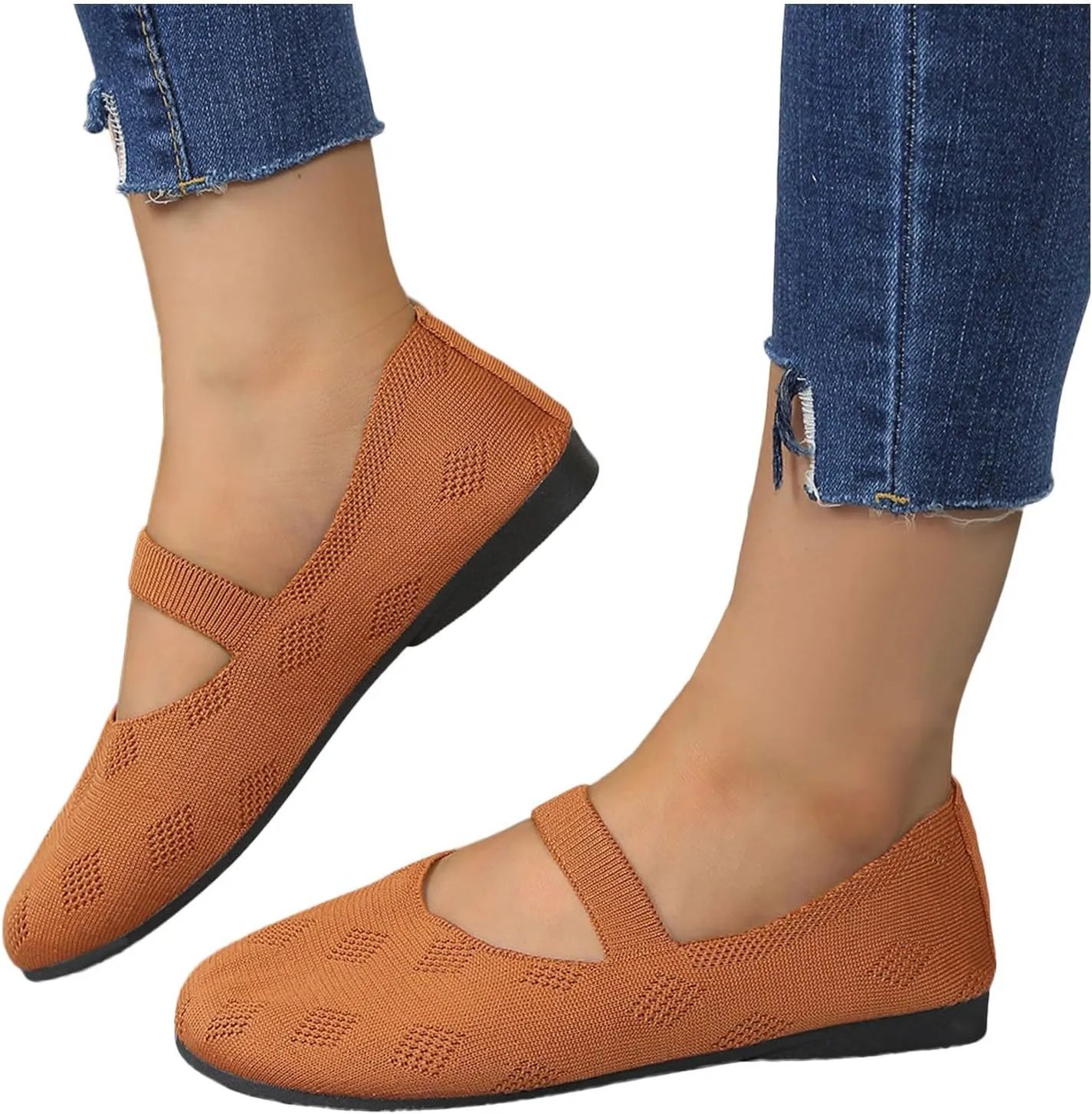 Womens Breathable Knitting Flat Shoes, Round Head Solid Color Walking Flats Shoes for Women, Comfort Casual Single Shoe