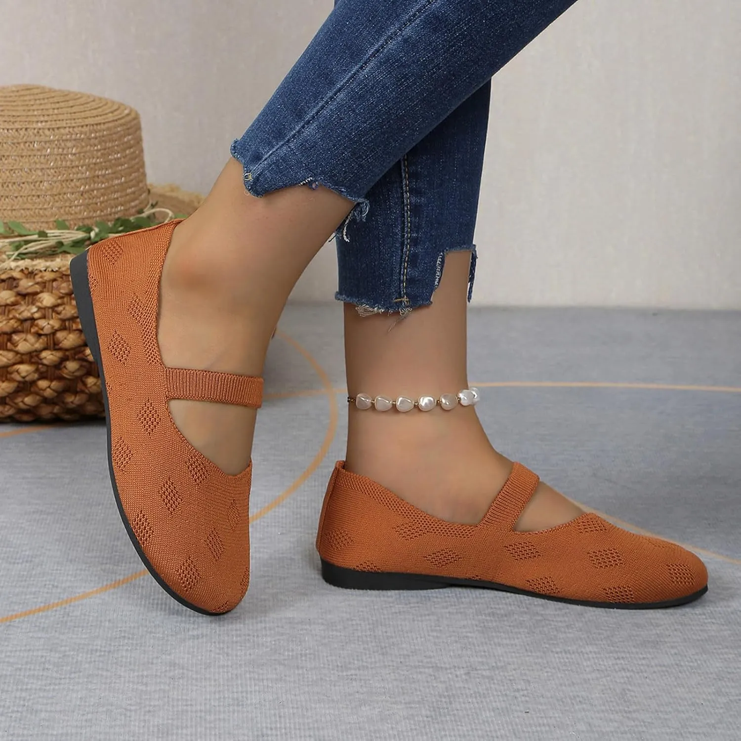 Womens Breathable Knitting Flat Shoes, Round Head Solid Color Walking Flats Shoes for Women, Comfort Casual Single Shoe