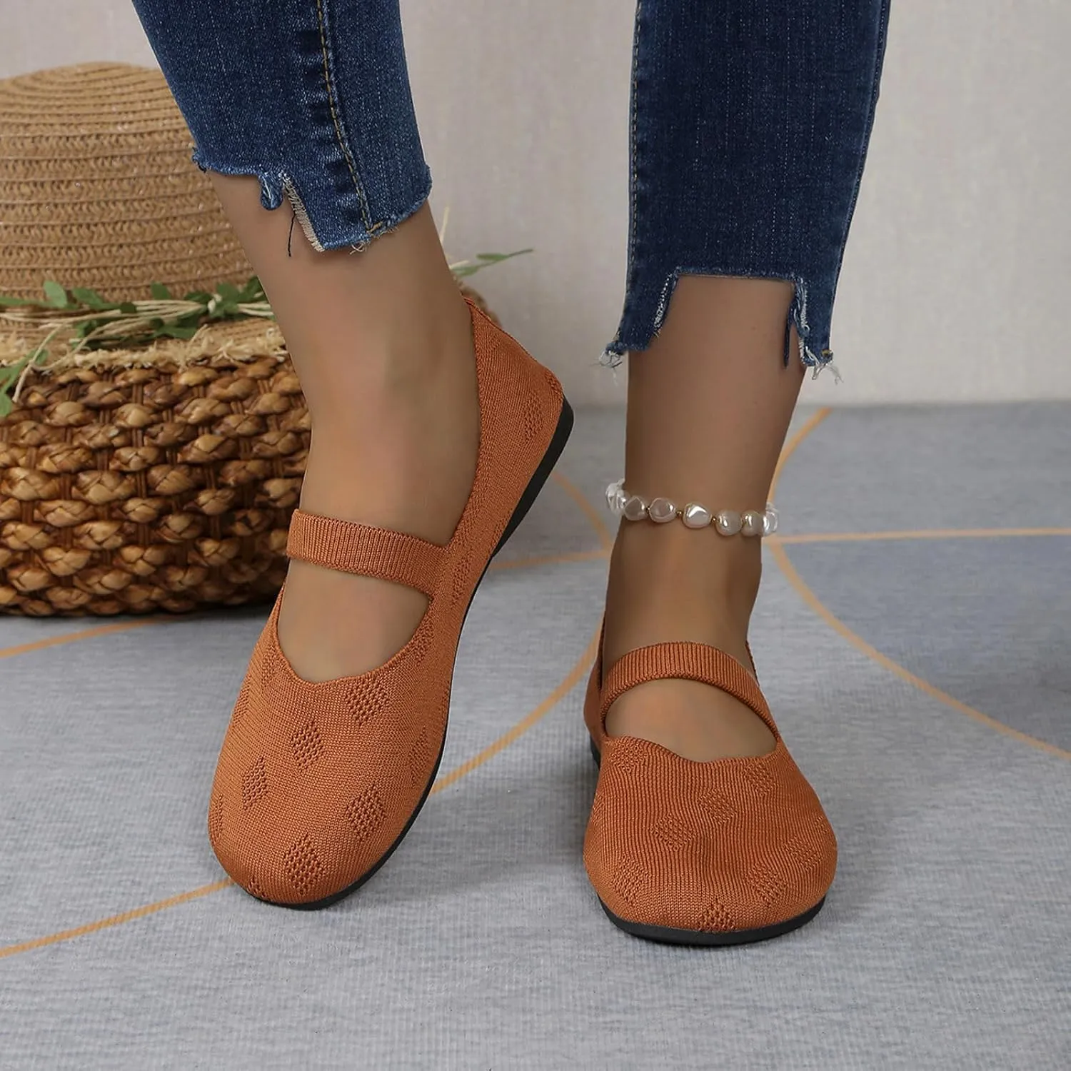 Womens Breathable Knitting Flat Shoes, Round Head Solid Color Walking Flats Shoes for Women, Comfort Casual Single Shoe