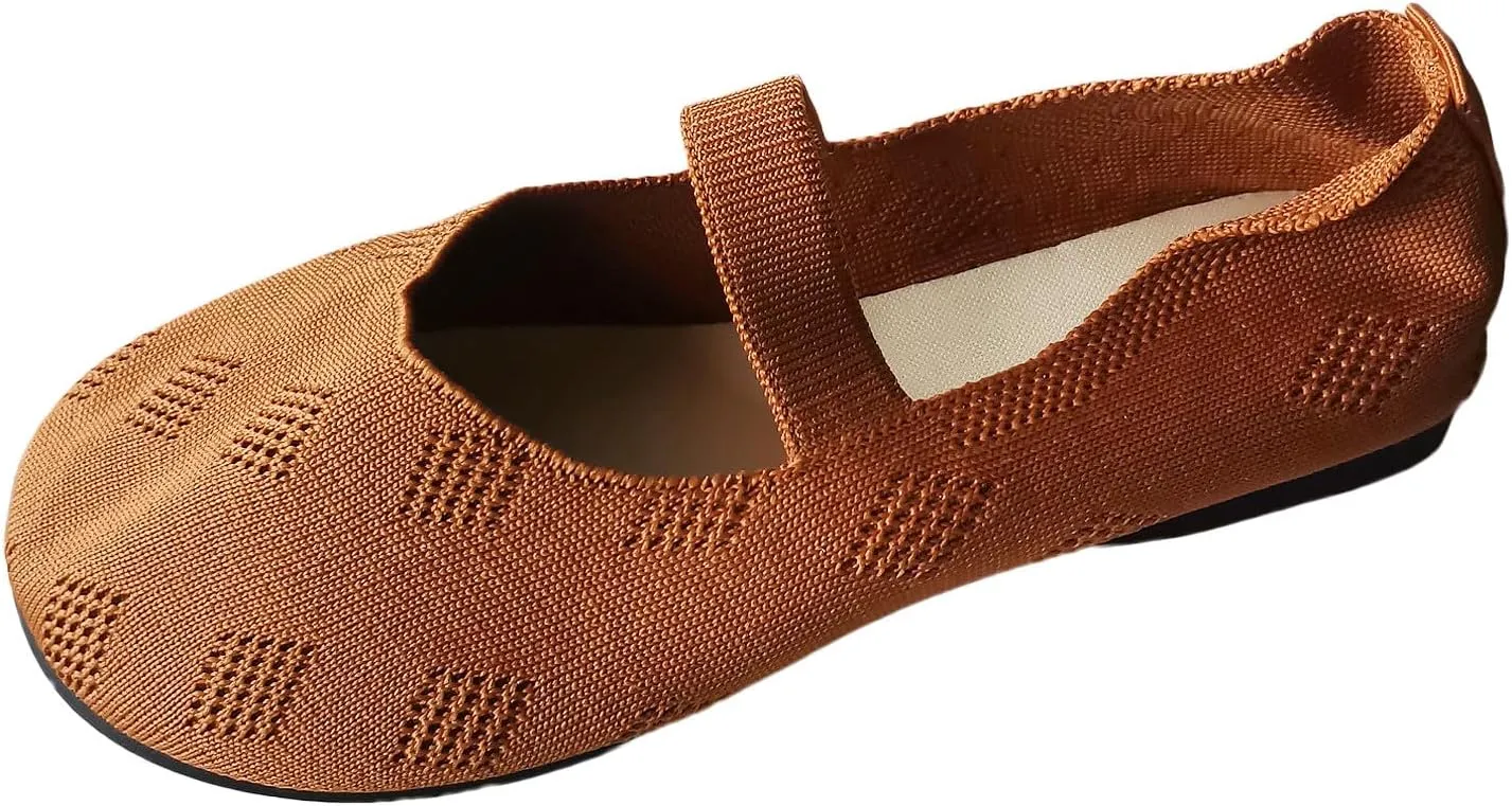 Womens Breathable Knitting Flat Shoes, Round Head Solid Color Walking Flats Shoes for Women, Comfort Casual Single Shoe
