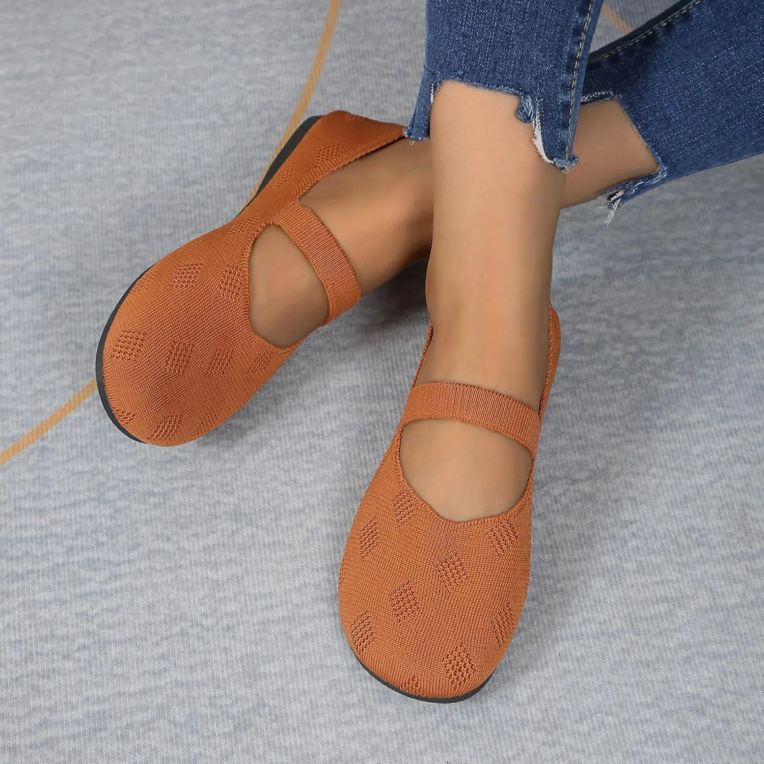 Womens Breathable Knitting Flat Shoes, Round Head Solid Color Walking Flats Shoes for Women, Comfort Casual Single Shoe