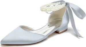 Women's Bridal Shoes Satin Pearl Ribbon Lace Up Wedding Sandals Formal Evening Closed Pointed Toe Dress Sandals