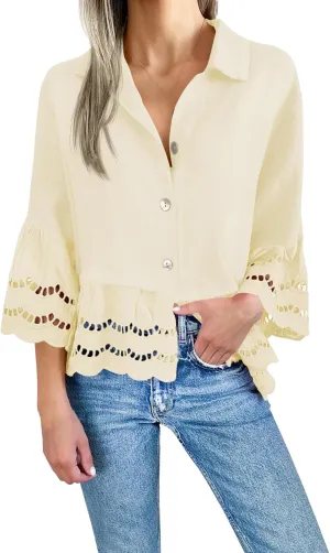 Women's Button Down Shirts Casual 3/4 Bell Sleeve Ruffle Hem Tops Loose Lace Hollow Out Eyelet Blouse 2025