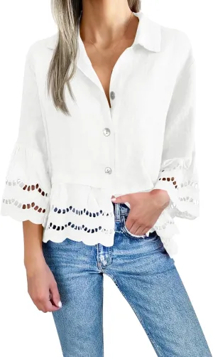 Women's Button Down Shirts Casual 3/4 Bell Sleeve Ruffle Hem Tops Loose Lace Hollow Out Eyelet Blouse 2025
