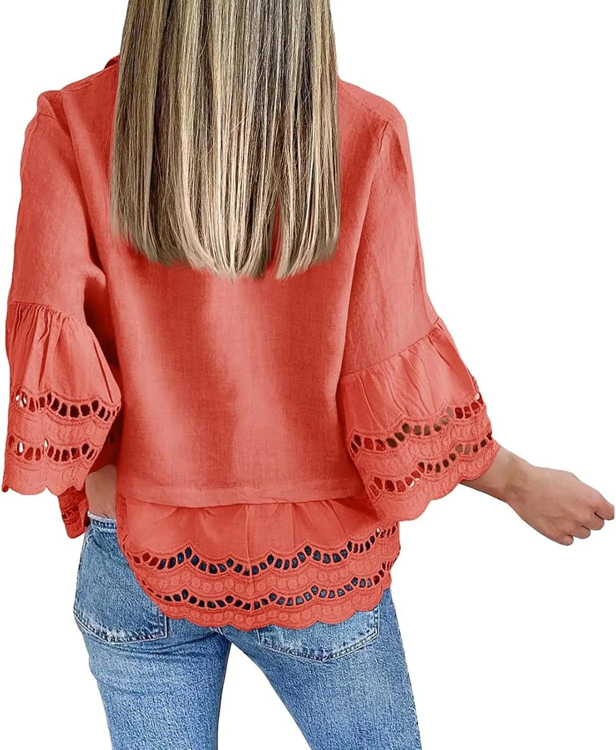 Women's Button Down Shirts Casual 3/4 Bell Sleeve Ruffle Hem Tops Loose Lace Hollow Out Eyelet Blouse 2025