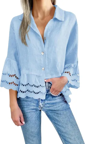 Women's Button Down Shirts Casual 3/4 Bell Sleeve Ruffle Hem Tops Loose Lace Hollow Out Eyelet Blouse 2025