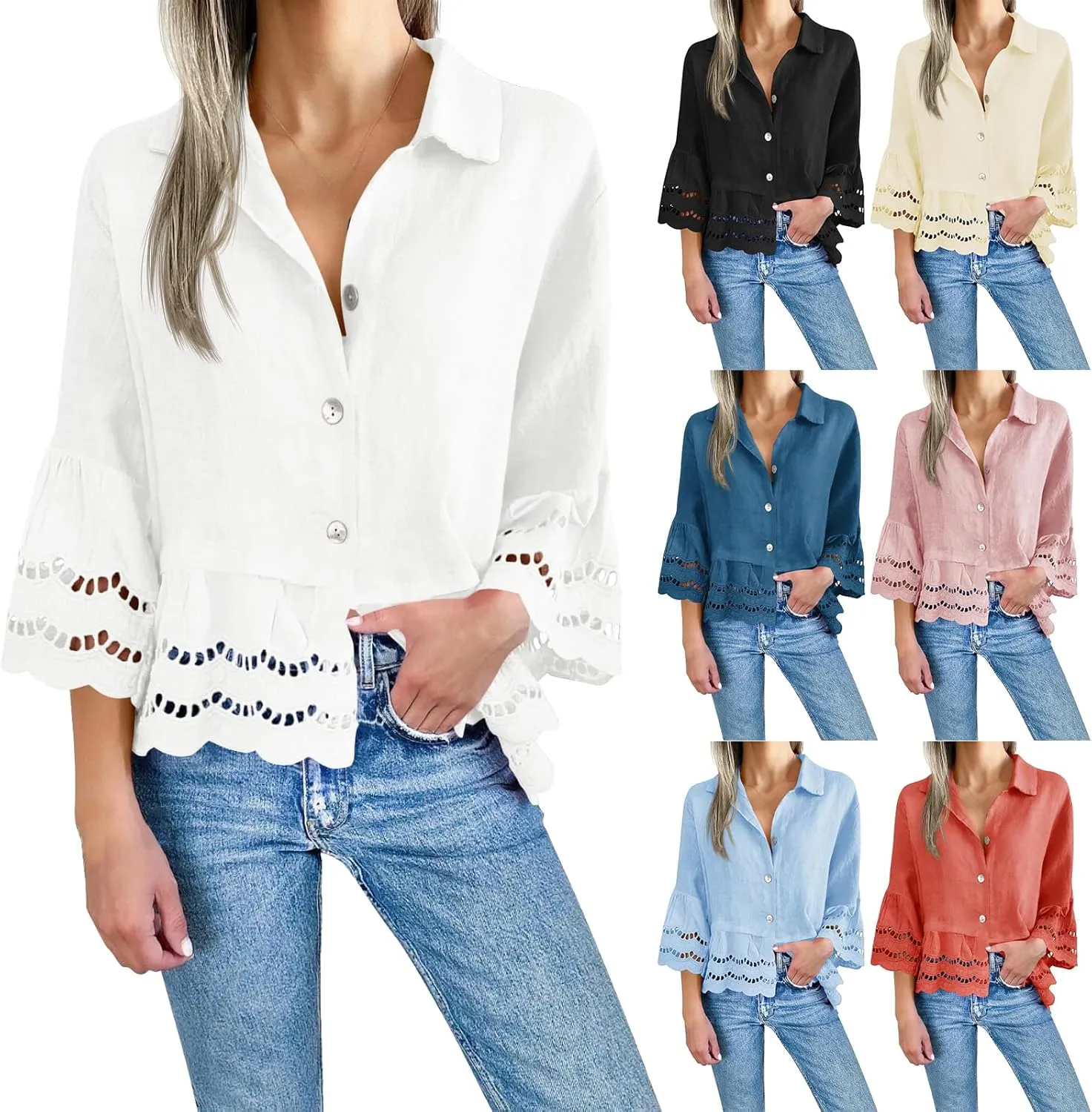 Women's Button Down Shirts Casual 3/4 Bell Sleeve Ruffle Hem Tops Loose Lace Hollow Out Eyelet Blouse 2025