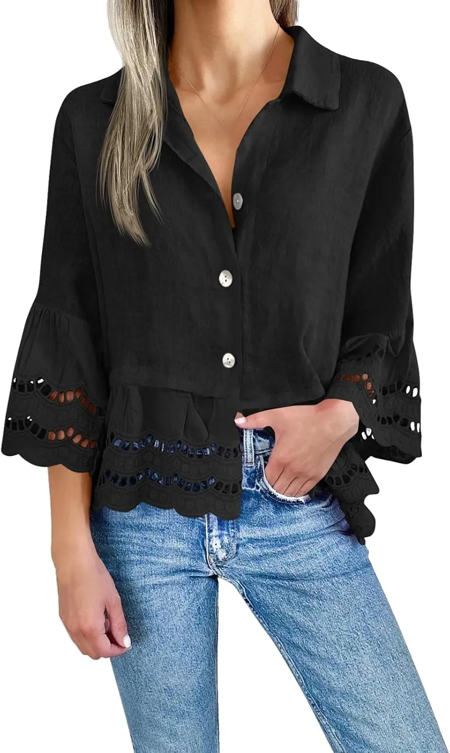 Women's Button Down Shirts Casual 3/4 Bell Sleeve Ruffle Hem Tops Loose Lace Hollow Out Eyelet Blouse 2025