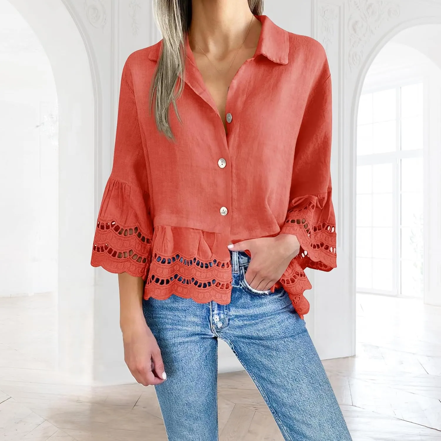 Women's Button Down Shirts Casual 3/4 Bell Sleeve Ruffle Hem Tops Loose Lace Hollow Out Eyelet Blouse 2025