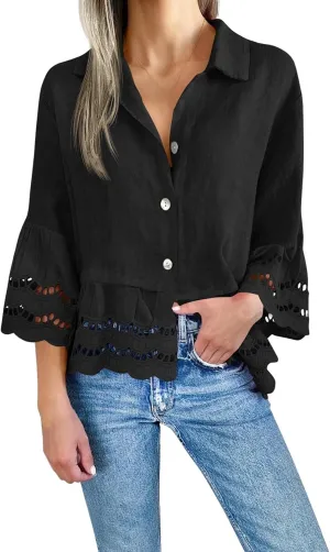 Women's Button Down Shirts Casual 3/4 Bell Sleeve Ruffle Hem Tops Loose Lace Hollow Out Eyelet Blouse 2025