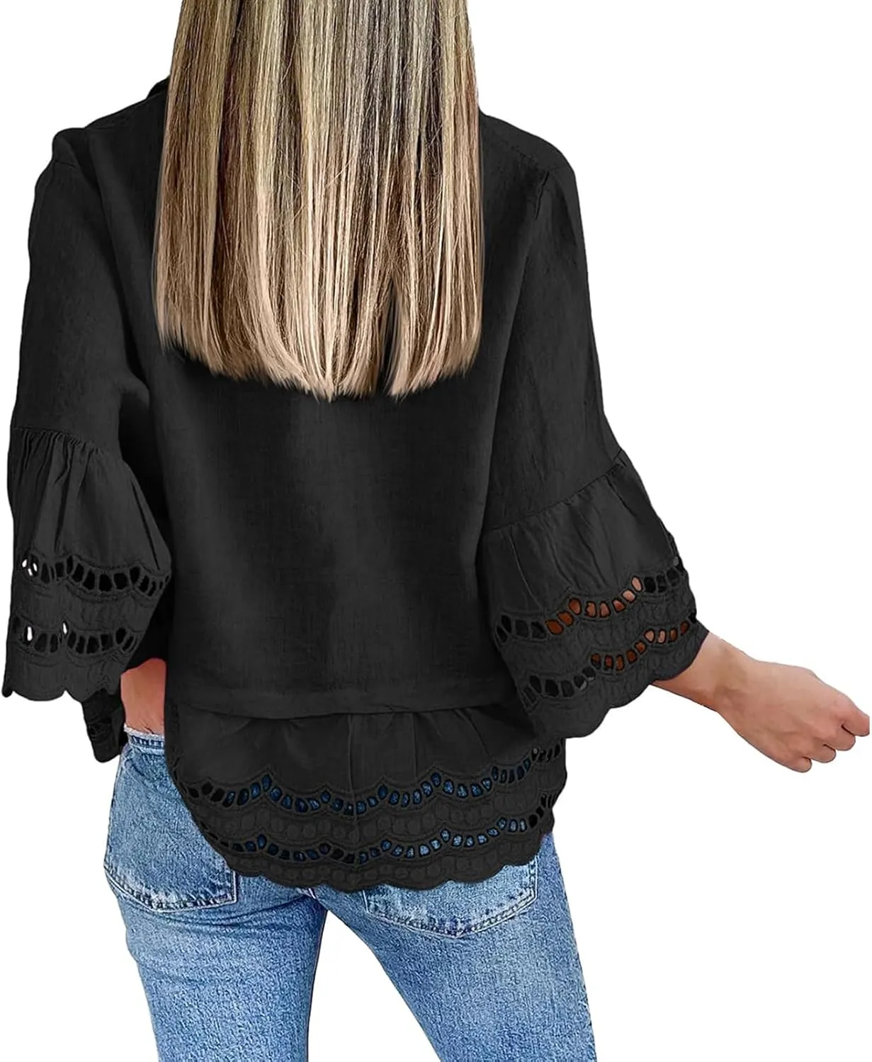 Women's Button Down Shirts Casual 3/4 Bell Sleeve Ruffle Hem Tops Loose Lace Hollow Out Eyelet Blouse 2025