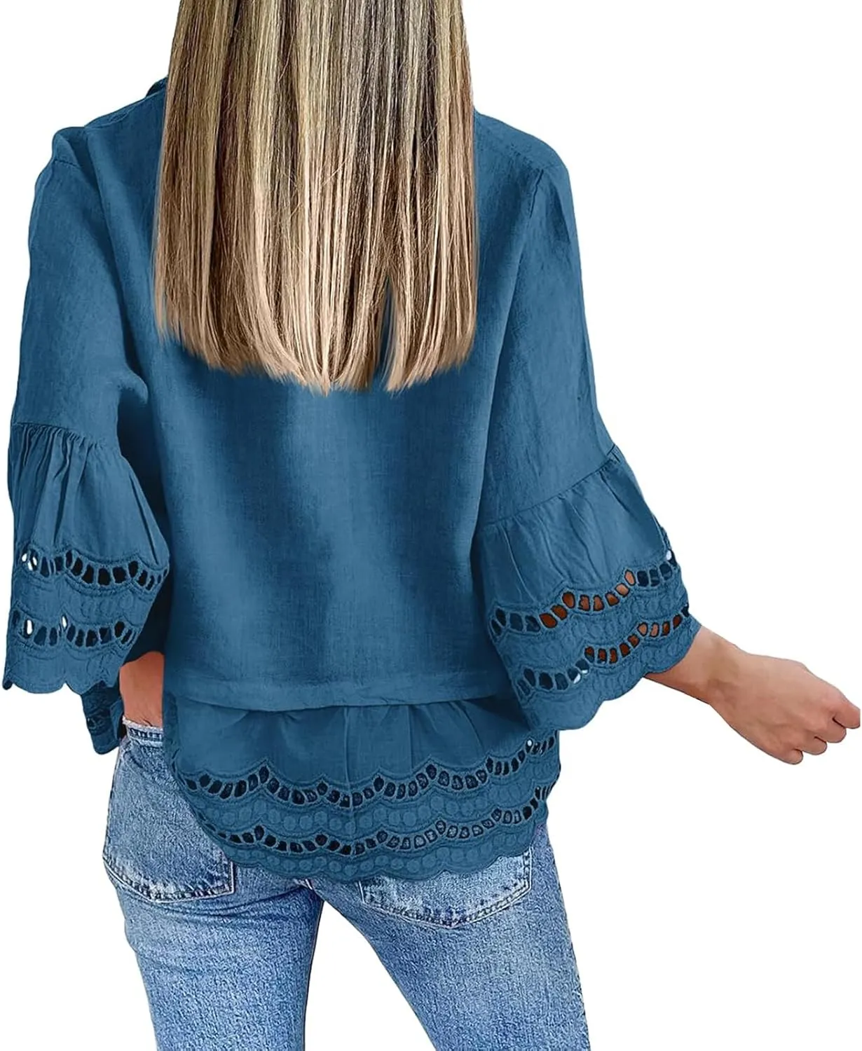Women's Button Down Shirts Casual 3/4 Bell Sleeve Ruffle Hem Tops Loose Lace Hollow Out Eyelet Blouse 2025