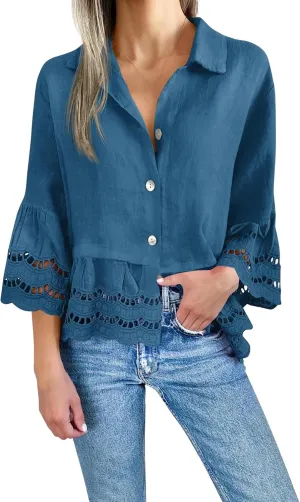 Women's Button Down Shirts Casual 3/4 Bell Sleeve Ruffle Hem Tops Loose Lace Hollow Out Eyelet Blouse 2025