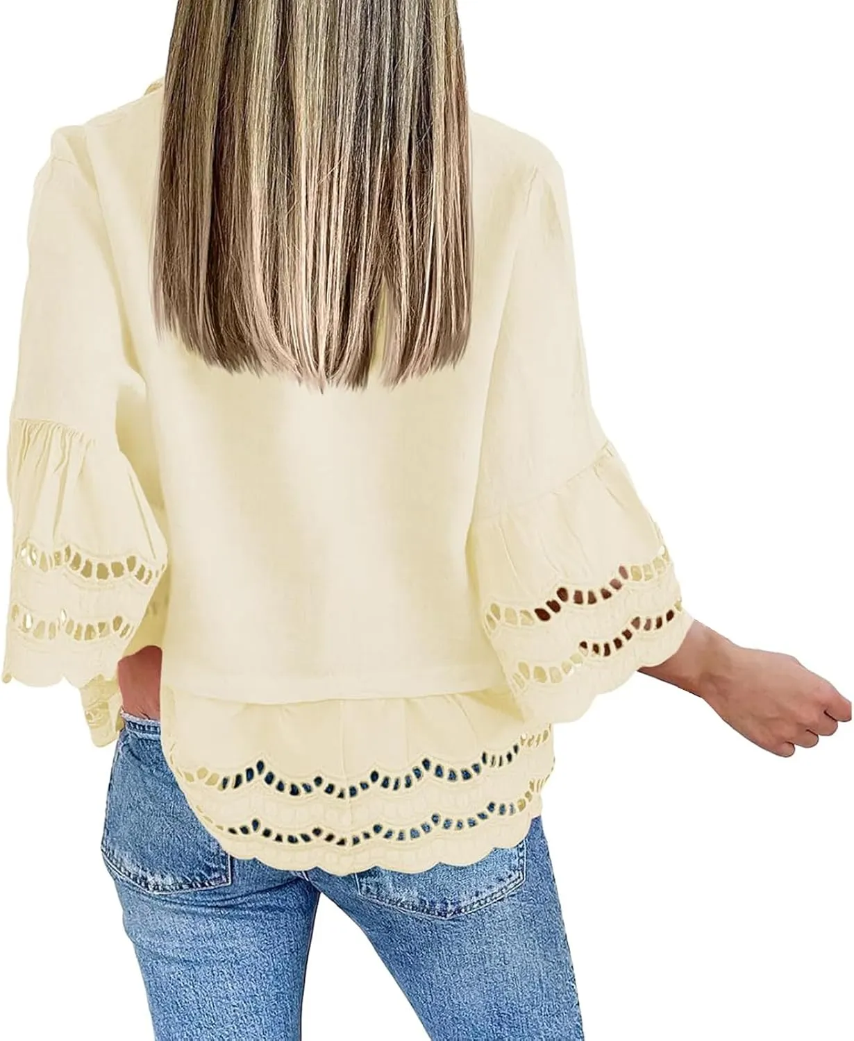 Women's Button Down Shirts Casual 3/4 Bell Sleeve Ruffle Hem Tops Loose Lace Hollow Out Eyelet Blouse 2025