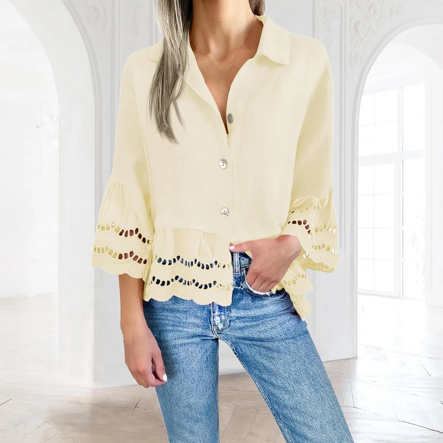 Women's Button Down Shirts Casual 3/4 Bell Sleeve Ruffle Hem Tops Loose Lace Hollow Out Eyelet Blouse 2025