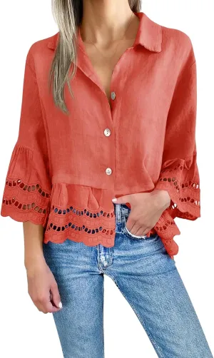 Women's Button Down Shirts Casual 3/4 Bell Sleeve Ruffle Hem Tops Loose Lace Hollow Out Eyelet Blouse 2025