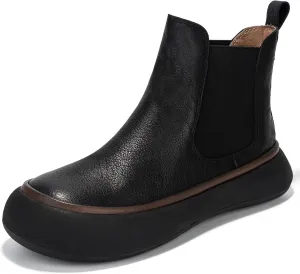 Women's Chelsea Boots Fashion Lug Sole Chunky Platform Heel Slip On Elastic Wide Ankle Booties, Genuine Leather Round Toe Pull On Cowgirl Short Boots