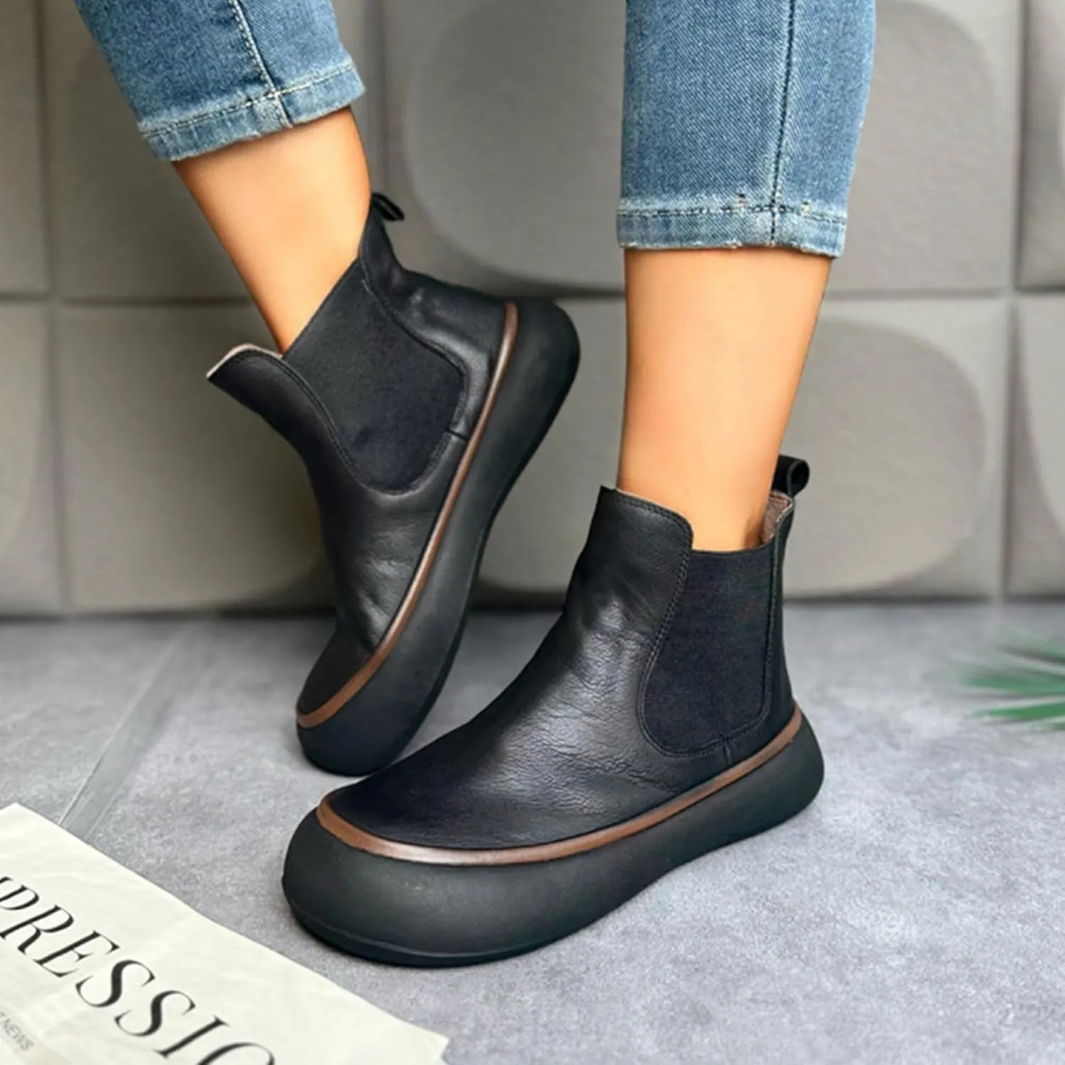 Women's Chelsea Boots Fashion Lug Sole Chunky Platform Heel Slip On Elastic Wide Ankle Booties, Genuine Leather Round Toe Pull On Cowgirl Short Boots